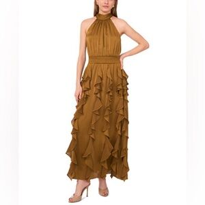 NWT 1 State Women's Smocked Cascade-Ruffle Halter Maxi Dress in Cinnamon Latte L